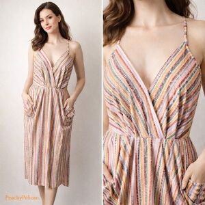 BCBGGeneration Bohemian Pink Green Yellow Stripped Faux Wrap Midi Dress